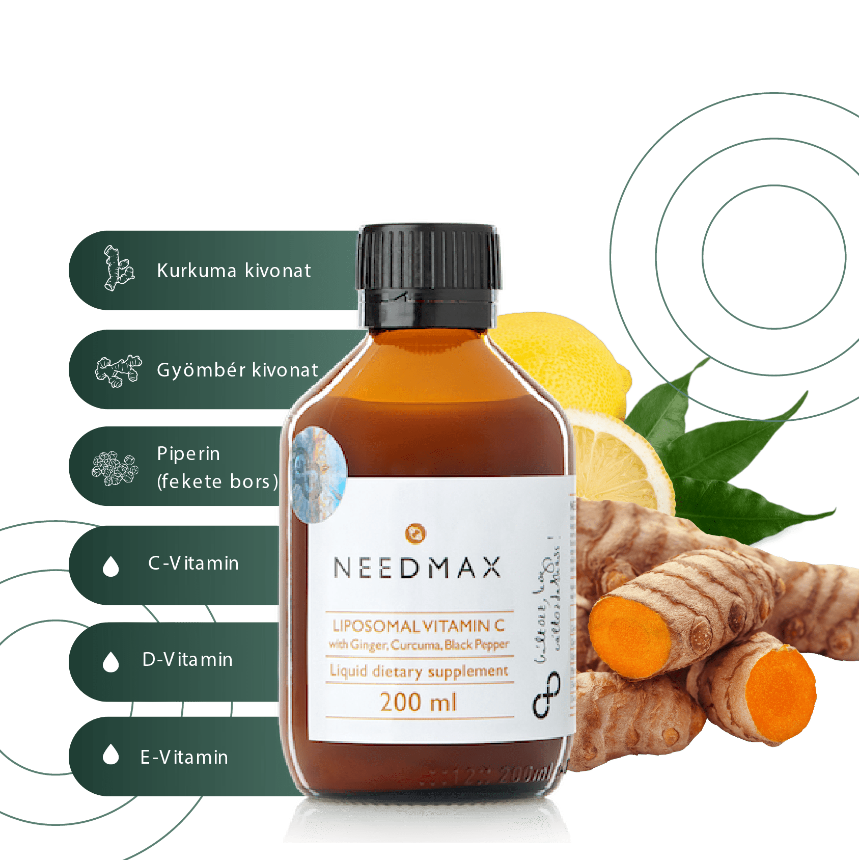 LIPOSZÓMÁS C VITAMIN 54PV GYÖMBÉRREL, KURKUMÁVAL, FEKETE BORS KIVONATTAL, E & D3 VITAMINNAL OGYÉI/71236-2/2019 Mangó ízű folyékony étrendkiegészítő édesítőszerrel - 200 ml  Összetevők: Tisztított víz, C-vitamin (Na-L-aszkorbát), Növényi glicerin, Poliszorbát(emulgeáló szer) Kurkuma kivonat (kurkumin), Szójalecitin (emulgeáló szer), Természetes mangó aroma, E-vitamin(D-alpha-tocopheryl acetate), C-vitamin (L-aszkorbinsav), Kálium-szorbát (tartósítószer), Gyömbér kivonat (gingerol), Édesítőszer(steviol-glycosid), D3-Vitamin (Cholecalciferol), Fekete bors kivonat (piperin)      	5 ml	NRV%	10 ml	NRV% C-vitamin	1000 mg	1250	2000 mg	2500 E-vitamin	12 mg	100	24 mg	200 Kurkumin	18 mg	NA	36 mg	NA Gingerol	1 mg	NA	2 mg	NA Piperin	30 µg	NA	30 µg	NA D-vitamin	5  µg	100	10  µg	200