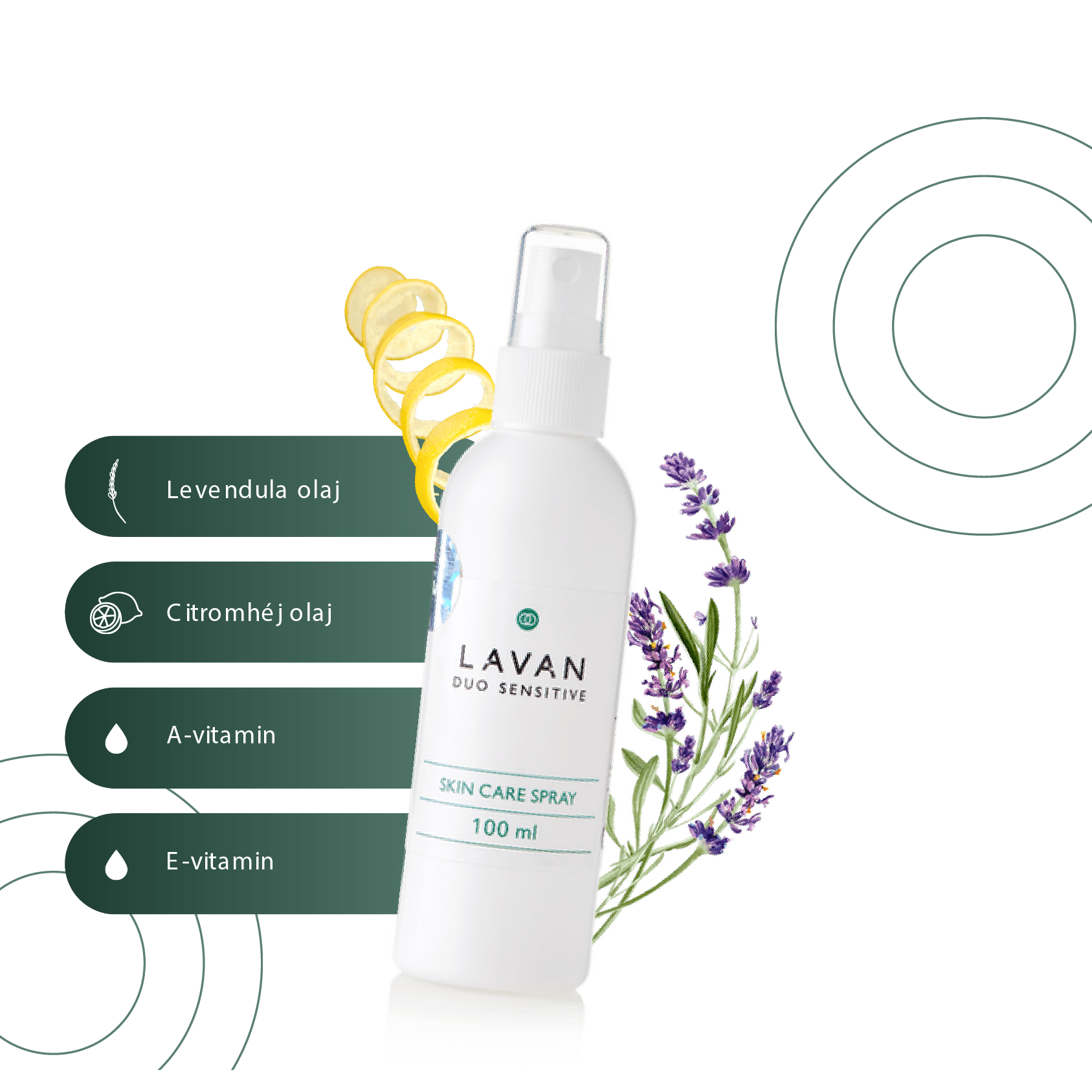 Mikronizált hatóanyagú bőrápoló spray - 100 ml  CPNP szám: 1999962 Értékes összetevői: • Esszenciális olajok: Levendula illóolaj, Citromhéj illóolaj, • Vitaminok: A-vitamin és E-vitamin