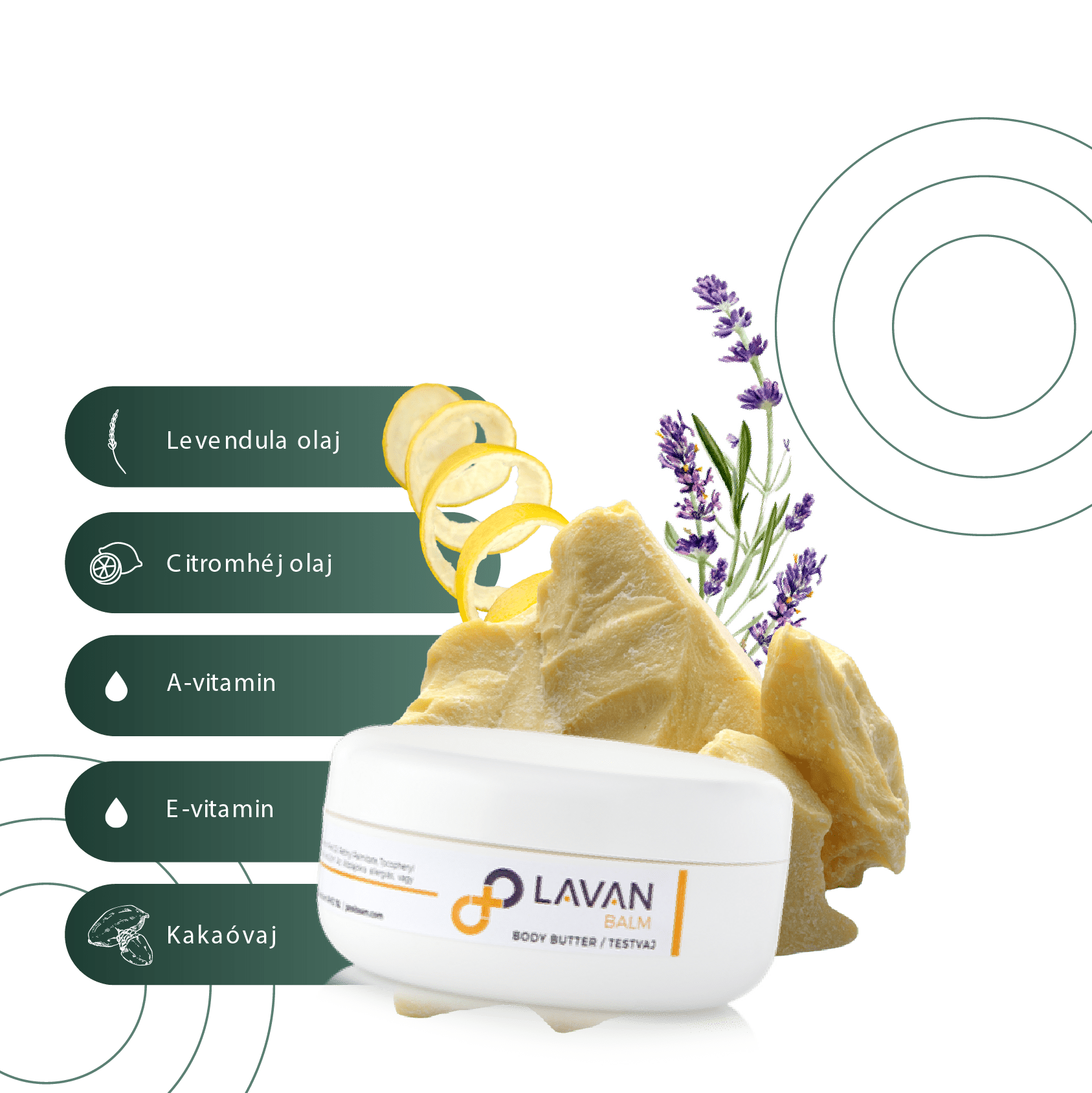 Mikronizált hatóanyagú testvaj - 38g (14 db testápoló-gyöngy) , CPNP szám: 2077978 Értékes összetevői: • Esszenciális olajok: Levendula illóolaj, Citromhéj illóolaj, • Kakaóvaj, A-vitamin és E-vitamin