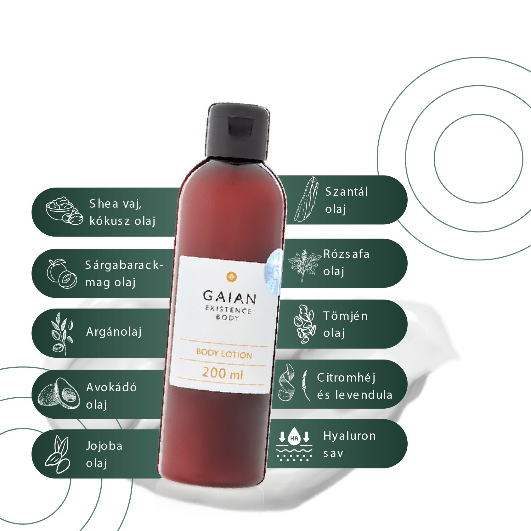 Liposzómás testápoló - 200 ml  Értékes összetevői: • Shea vaj, Sárgabarackmag olaj, Argánolaj, Avokádó olaj, Jojoba olaj, Kókuszolaj, Kakaóvaj • Levendula illóolaj, Szantál illóolaj, Rózsafa illóolaj, Tömjén illóolaj, Citromhéj olaj • Hyaluronsav CPNP:2462917